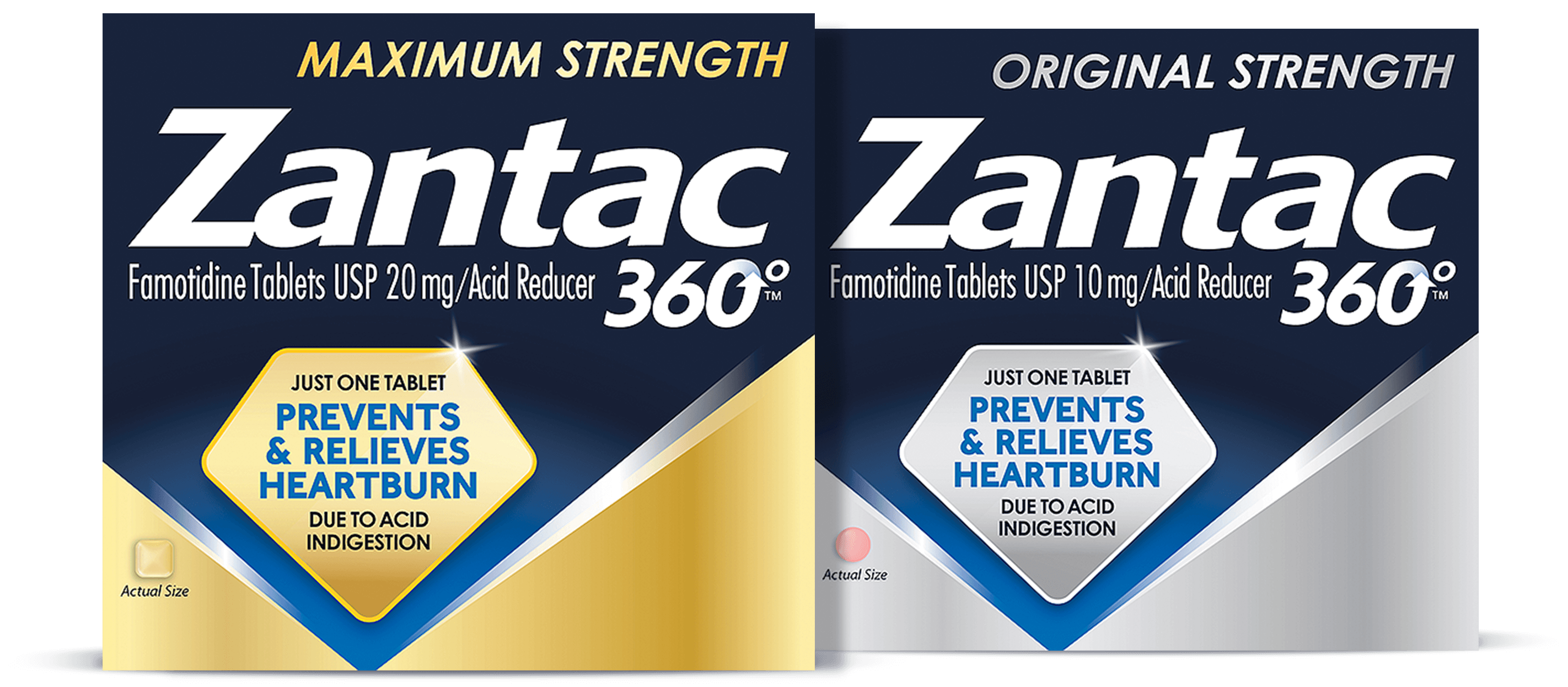 Zantac® 360° Heartburn Relief Maximum Strength and Original Strength Product Boxes.